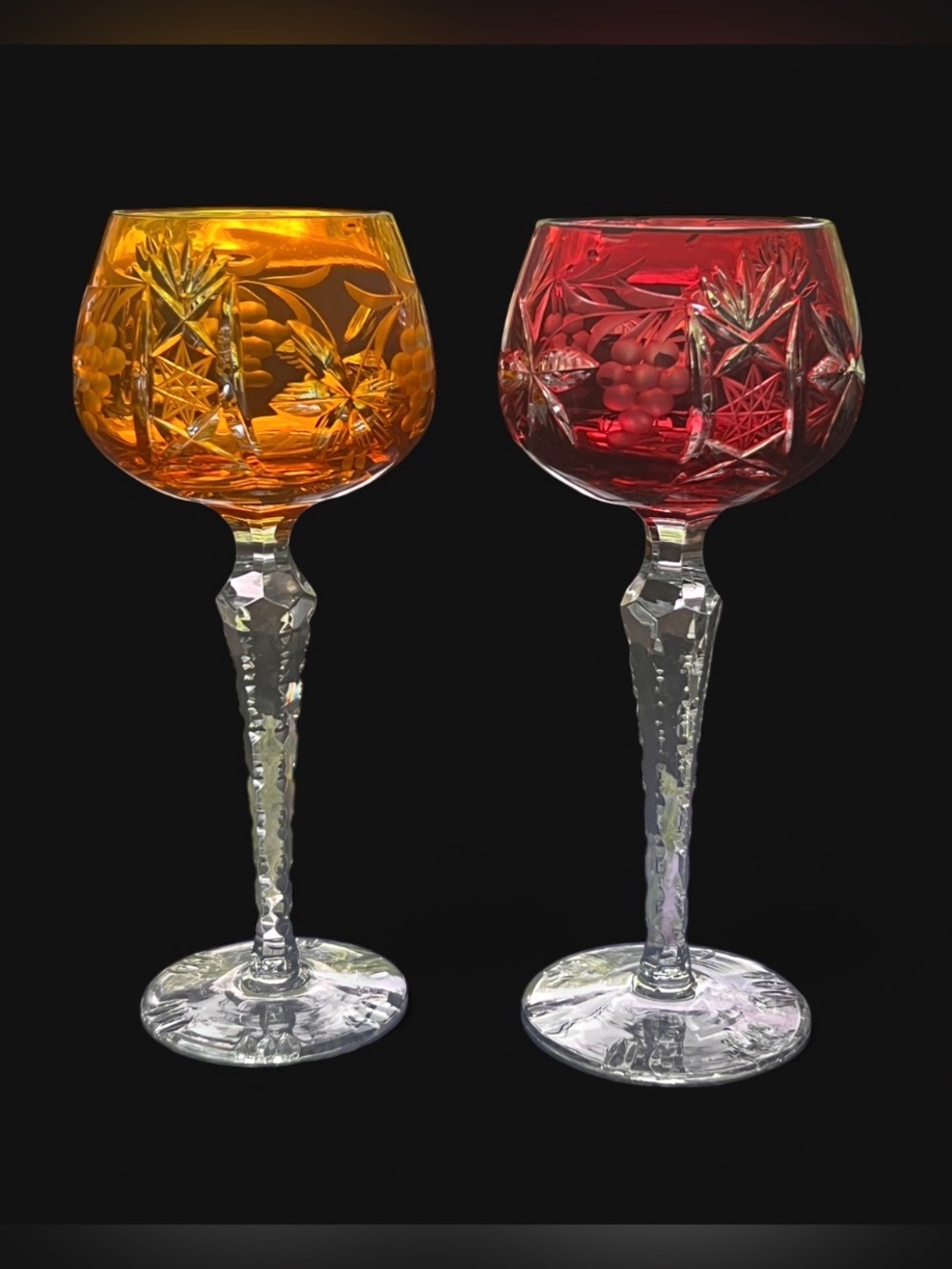 (2) mid century Imperlux Lead Crystal 8" Wine Hocks in cranberry and amber